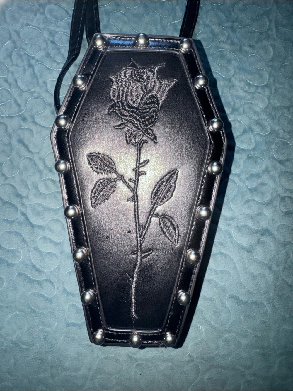 Black Coffin-Shaped Crossbody bag with Embroidered Rose & Stud Trim - Picture 3 of 8